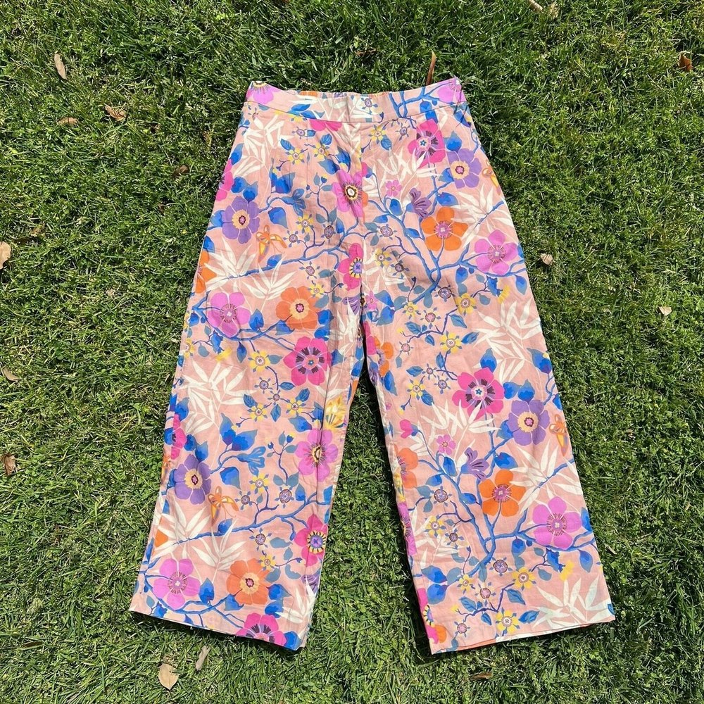 J Crew x Liberty Tana Lawn Wide-Leg Crop Pants Women's Size 6 Pink Floral Print